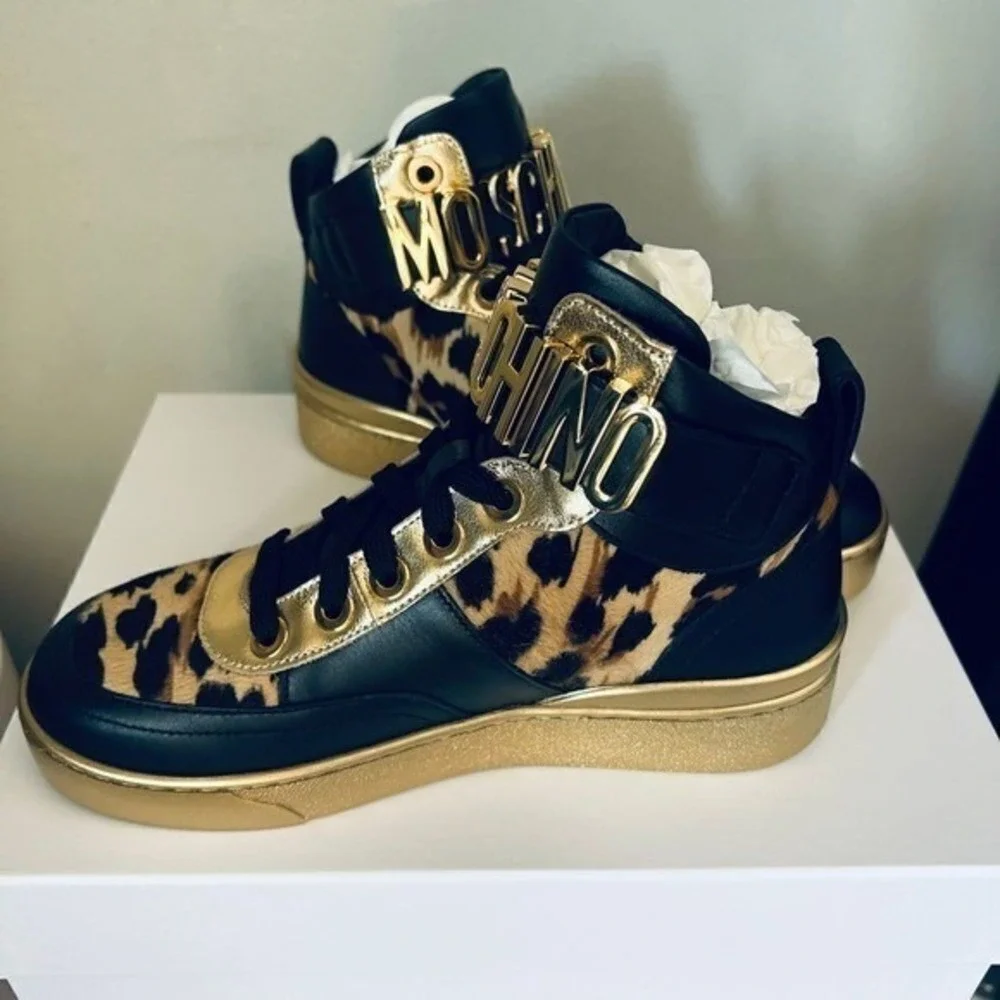 MOSCHINO Genuine Calf Hair Leather Basket Sneaker Shoe, Size 6 (36EU) Black, NWT